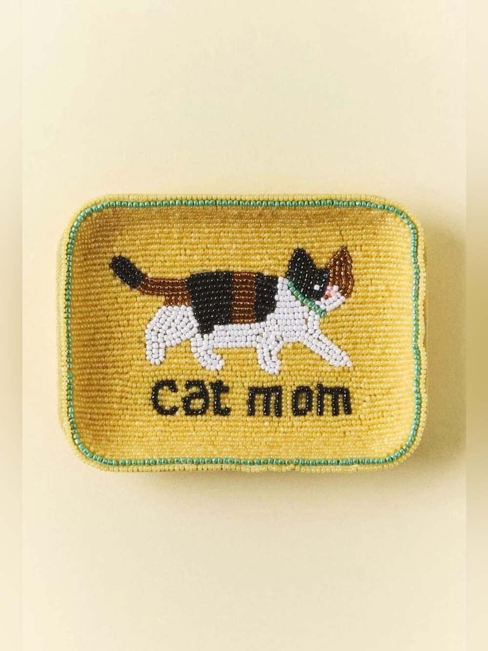 Anthropologie Fiona Beaded Trinket Tray Dish Yellow Cat Mom New